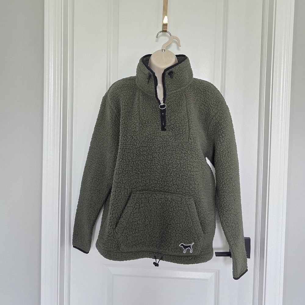 PINK Victoria's Secret Forest Green Sherpa Pullover Sz XS
